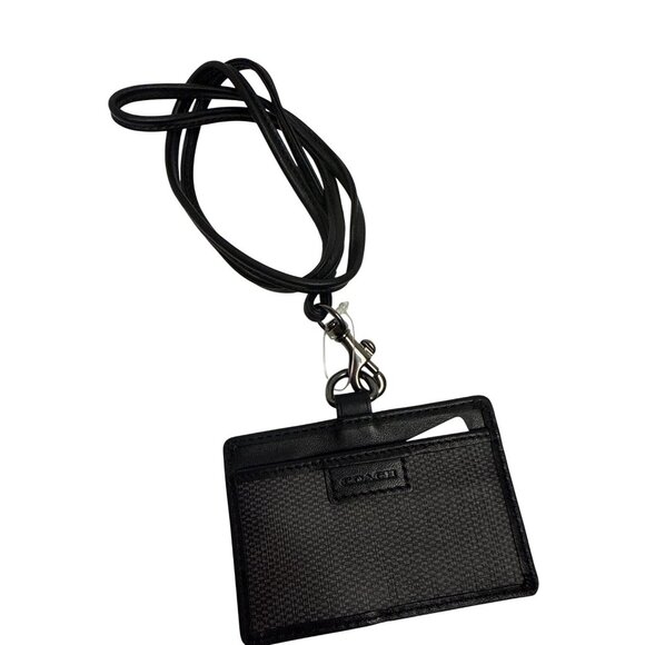 Coach ID Lanyard Charcoal Black Card Holder Signature Canvas Leather Trim NEW - Picture 1 of 6